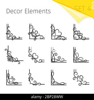 Vignette corners. Vector swirly flourish corner set, curly decorative vintage page frame elements isolated on white background Stock Vector