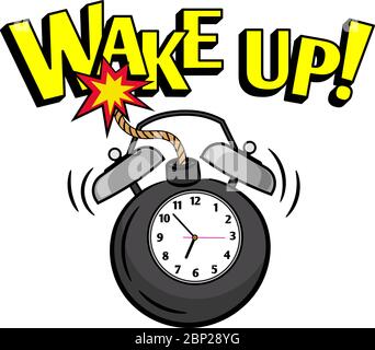 Wakeup bomb clock. Vector alarm timepiece morning reminder with wake up text isolated on white background Stock Vector