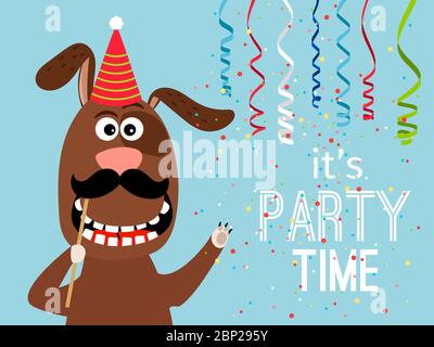 Party dog card. Party time poster with funny dog with mustache and hat, with serpentine and confetti vector illustration Stock Vector