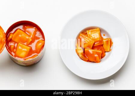 open can of ravioli on white background Stock Photo