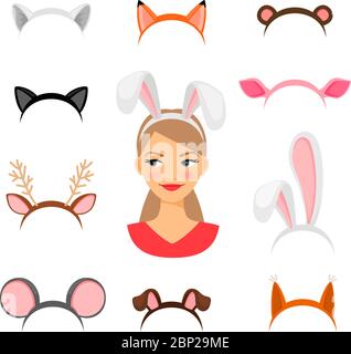 Girls animals ears costume. Cat and rabbit, deer and fox ears funny carnival headdress set vector illustration, girl head masquerade decor isolated on white Stock Vector