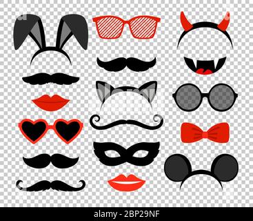 Funny masks. Masquerade mask set, glasses and mustache, rabbit and mouse ears, teeth, lips and horns isolated on transparent background Stock Vector