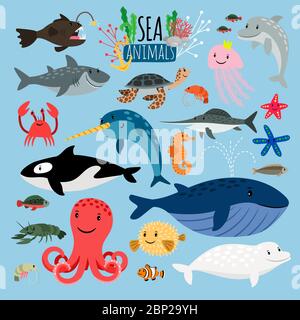 Sea Animals. Vector underwater animal creatures and fish in the sea,  swordfish and langoustine, ocean beach turtle and starfish isolated on blue  background Stock Vector Image & Art - Alamy