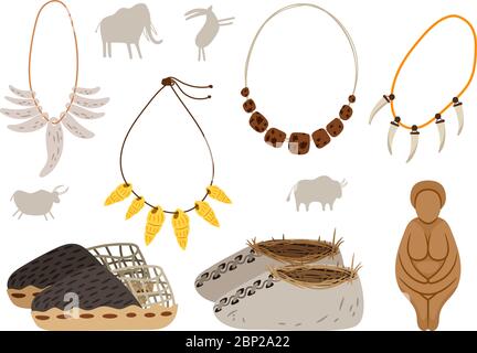 Ice age cartoon elements. Ancient man vector elements, rock paintings and snow shoe, necklaces of canines and amulets isolated on white background Stock Vector