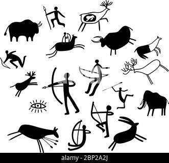 Cave painting. Stone paintings vector illustration, cave wall ancient prehistoric primitive rock drawings isolated on white background Stock Vector