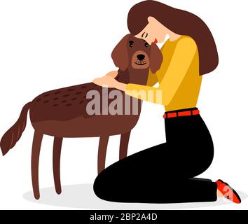 Woman hugging dog. People and pets friends vector illustration isolated on white background Stock Vector