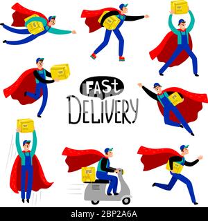 Delivery courier character. Delivering man with smiling face vector illustration, delivery service guy with box package and motorbike, blue cap and red cloak Stock Vector