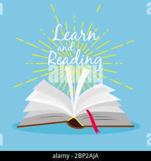 Book learn poster. Open book with gold star linear explosion vector illustration Stock Vector
