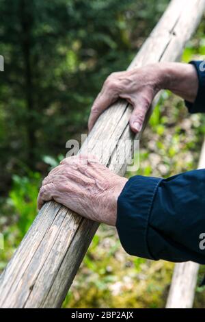 close-up of old womans hands resting at a railing in nature Stock Photo