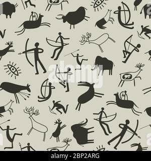 Cave painting background. Stone age rock painting seamless pattern with prehistoric animals and ancient hunters, vector cave drawing texture Stock Vector