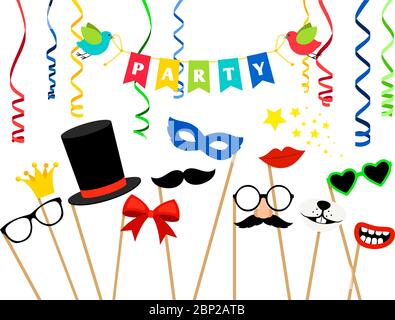 Carnaval party accessories. Masquerade masks and birthday photo booth props vector illustration Stock Vector