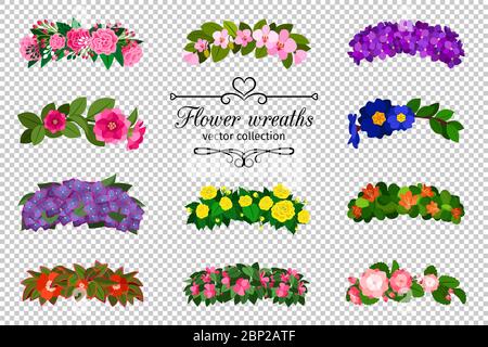 Flower wreaths set. Spring flowers wreath set isolated on transparent background, colorful springtime wedding flowering vector illustration Stock Vector