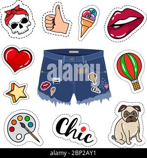 Trendy shorts. Chic woman denim short trousers, girl model ripped jeans shorts isolated on white background Stock Vector