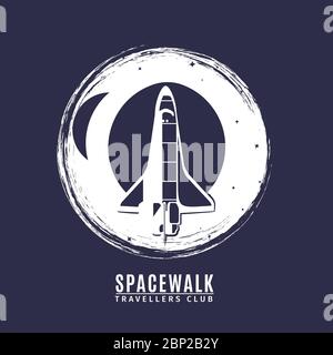 Space logo in retro style. Vintage astronautics label with space rocket, vector illustration Stock Vector