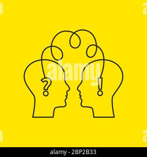Question and answer icon. Two profile lines with question marks and an exclamation mark. Logo for psychologist, psychotherapist, symbol of communication, psychotherapy, therapy or coaching. Stock Vector