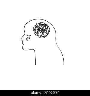 Profile of lonely crying girl with tangle of thoughts in her head. Symbol of sadness, sadness and depression. Vector illustration Stock Vector