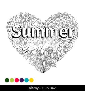 Doodle flowers heart coloring page isolated on white background, vector illustration Stock Vector