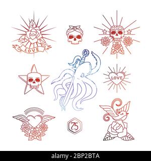 Colorful tattoo vector elements. Linear tattoos with skull and flowers, heart, sparrow or swallow bird isolated on white background Stock Vector