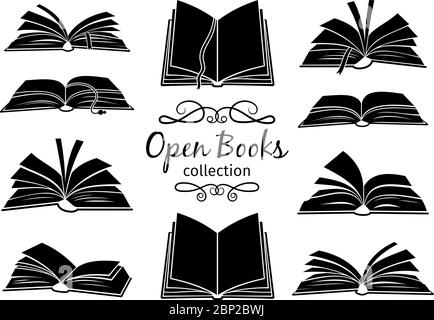 Open books black silhouettes. Book reading icons vector illustration isolated on white for library logo or education symbol Stock Vector