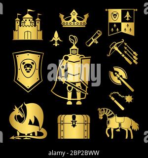 Knighthood in middle ages icons. Gold medieval ancient armor and coat of arms, knight and helmet vector signs Stock Vector