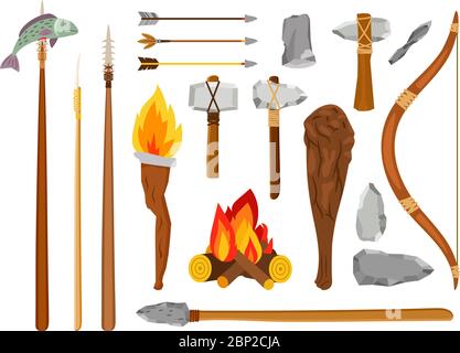 Cartoon stone age tools. Primitive caveman elements isolated on white background, prehistoric savage tools stone ax, fire and mace vector illustration Stock Vector