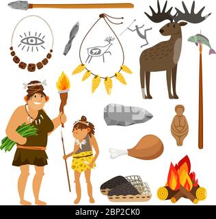 Stone age cartoon illustration. Prehistoric primitive tools and cave people isolated on white background, vector icons set Stock Vector
