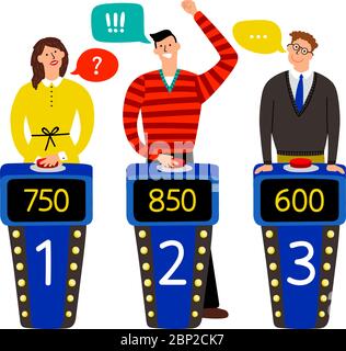 Quiz show. Answering people on quiz game vector illustration, gaming show with questions and answers, standing persons and buttons on buzzers isolated on white Stock Vector