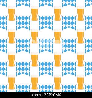 Munich beer festival flags and glass of beer seamless pattern. Oktoberfet background, vector illustration Stock Vector