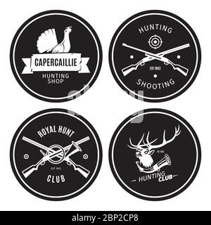 Vintage hunting shop emblems with horn, deer and gun, vector illustration Stock Vector