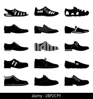Black footwear icon set. Boots, sniekers signs, shoes icons vector silhouettes isolated on white background Stock Vector