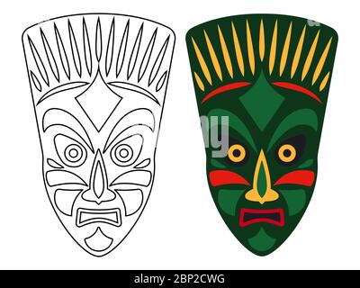 Tribal african masks, color and outline masks isolated on white background, vector illustration Stock Vector