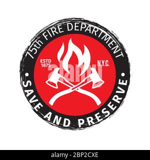 Grunge firefighter emblem and fire department badge with vector cross fire axes Stock Vector