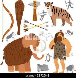 Ancient homosapiens. Stone age neanderthal caveman vector illustration, primitive survival tools and prehistoric wooly mammoth and cave tiger isolated on white background Stock Vector