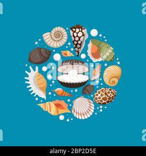 Cartoon sea shells and white pearls round banner, logo or emblem design, vector illustration Stock Vector