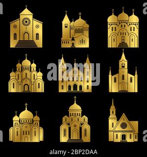 Gold church icons. Vector basilica and chapel building isolated on black background, vector illustration Stock Vector