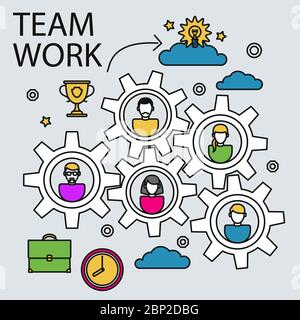 Teamwork and collaboration business concept with gears and people in doodle line style, vector illustration Stock Vector