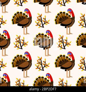 Autumn seamless pattern with cartoon turkey and branches. Thanksgiving Day vector background Stock Vector