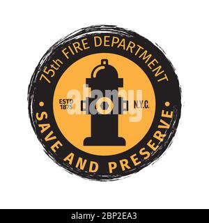 Fire department grunge vector label design. Firefighter logo on white background Stock Vector