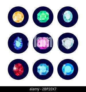 Shine colorful diamond icons set in black curcles, vector illustration Stock Vector
