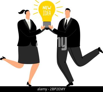 New business idea illustration. Office people in business suits holding in their hands burning light bulb with idea text, fresh solution concept isolated on white Stock Vector