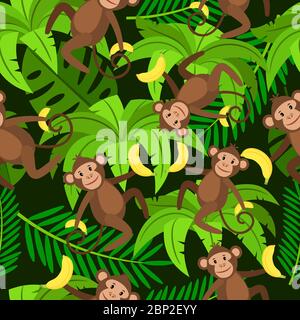 Tropical seamless pattern with monkeys, bananas and palm leaves, vector illustration Stock Vector