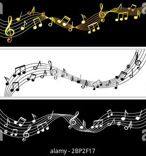 Music notes flow. Doodle music note drawing sheet patterns, vector musical symbols silhouettes on black and white backgrounds Stock Vector