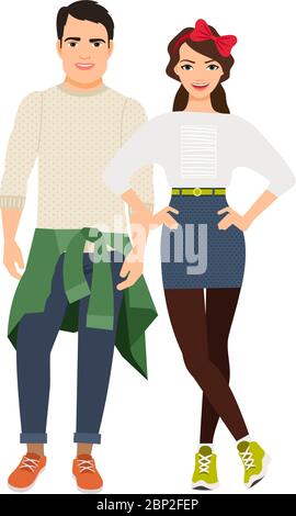 Young casual happy couple isolated on white background. Vector illustration Stock Vector