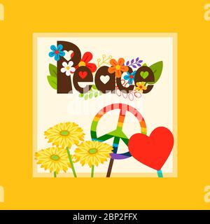 Bright vector card template with hippie style peace and peace symbols Stock Vector