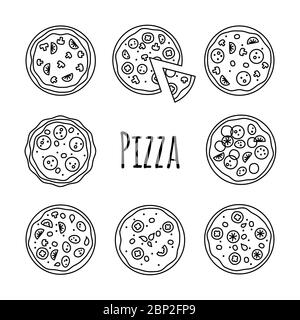 Line icons pizza set. Big fast food outline collection, vector illustration Stock Vector
