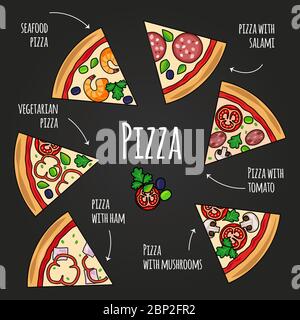 Pizza slices. Blackboard pizzeria menu. Colorful pizza slice icons with text vector set on black background Stock Vector