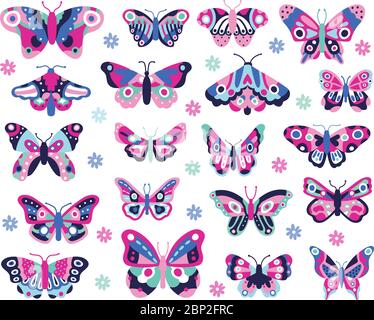 Doodle butterflies insect. Hand drawn spring insects, colorful flying papillon. Drawing butterflies isolated vector icons collection Stock Vector