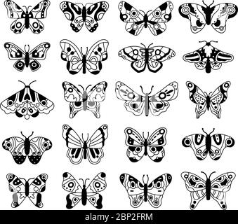 Doodle butterfly. Sketch flying butterflies, hand drawn spring insects. Graphic drawing flying butterfly vector illustration icons set Stock Vector