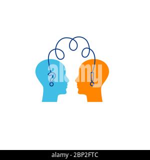 Question and answer icon. Two profile lines with question marks and an exclamation mark. Logo for psychologist, psychotherapist, symbol of communication, psychotherapy, therapy or coaching. Stock Vector