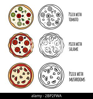 Pizza menu black and white and colorful icons vector collection Stock Vector